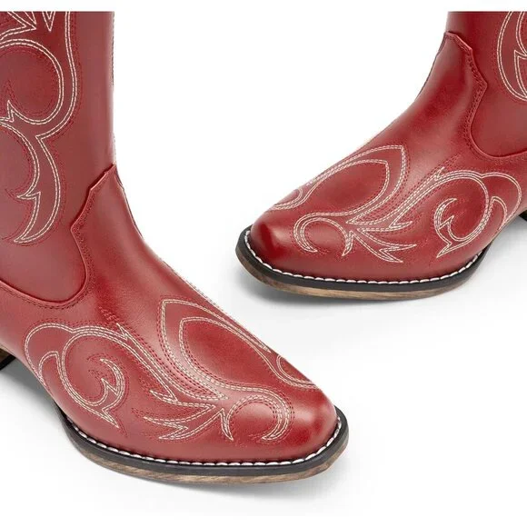 Women Faux Leather Red Knee High Chunky Heel Side Zipper Embroidered Boot